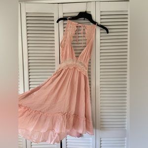 Pink Lace Tiered Blackless Strappy Sundress, Size Small